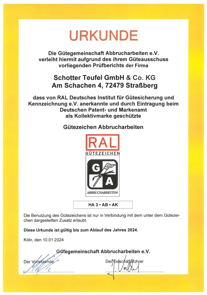Urkunde Gütgemeinschaft Abbrucharbeiten